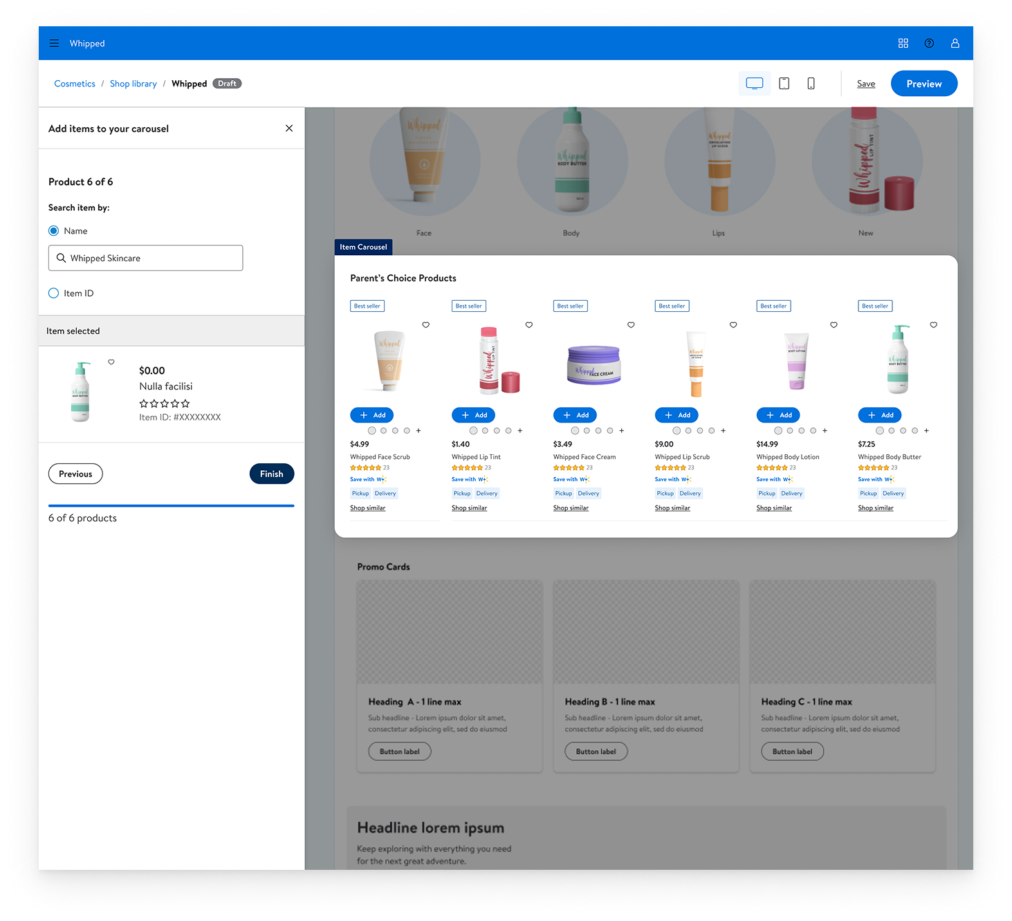 Walmart Connect Brand Shop Builder 2.0 - Build Item Carousel